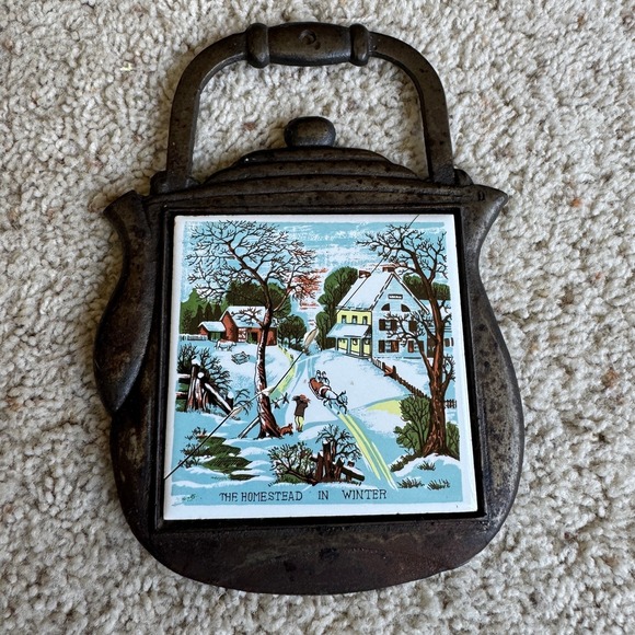The Unbranded Brand Other - Vintage Cast Iron Teapot Trivet The Homestead in Winter Ceramic Tile Taiwan